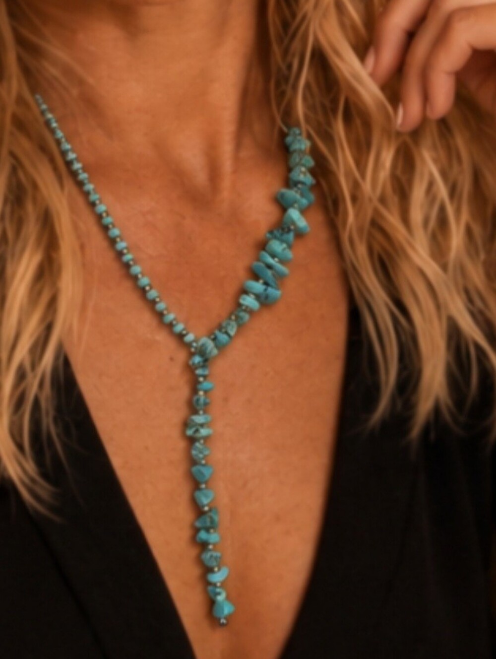 Handcrafted Stone Beaded Turquoise Blue & Silver Tone Necklace 18" w/ 4" Ext.